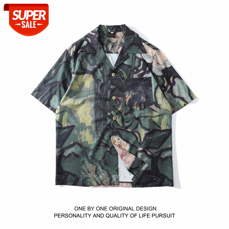 

Japanese retro oil painting full print short-sleeved shirt men's loose bf lazy casual top #Mn7i, White;black