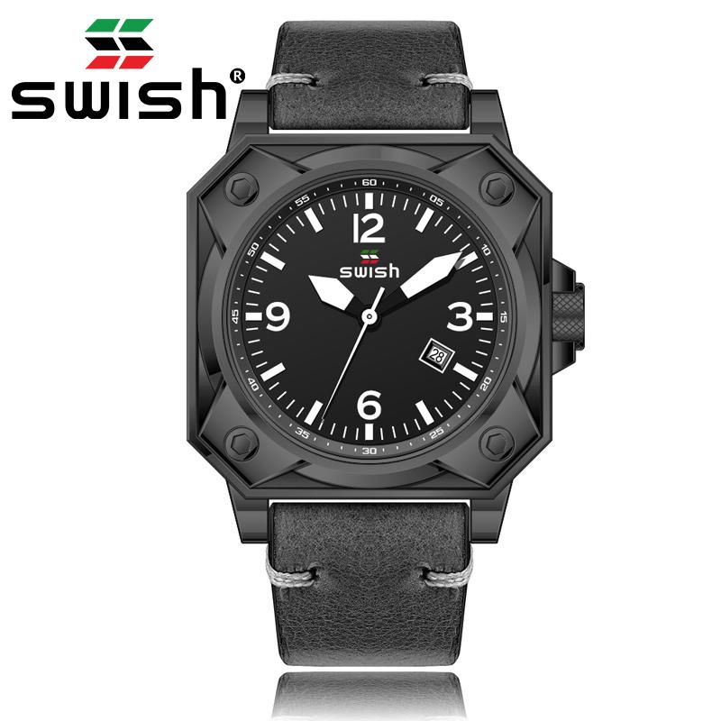 

Wristwatches SWISH 2021 Square Watch Men Fashion Top Brand Man Watches Leather Quartz Waterproof Sports Military Montre Homme, Brown