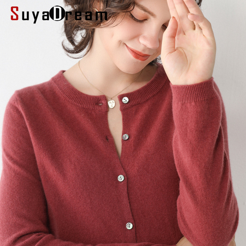 

SuyaDream 100%Wool Cardigan O neck Single Breasted Long Sleeved Sweaters 2021 Fall Winter Cardigans for Women Basic Knitwear, Blue