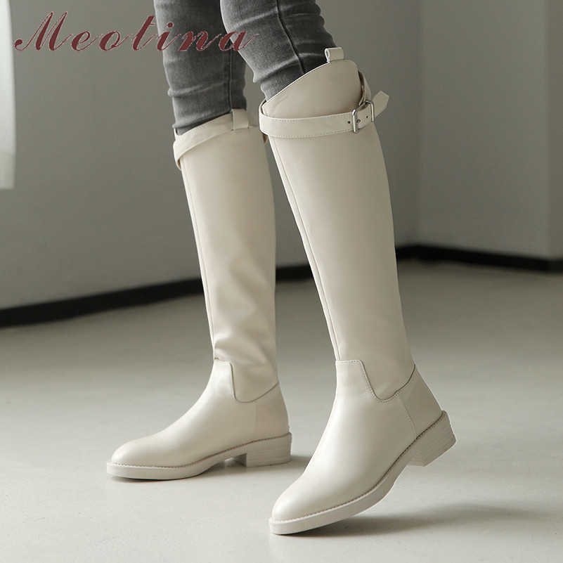 

Meotina Genuine Leather Mid Heel Riding Boots Wome Long Boots Shoes Buckle Zipper Block Heels Knee High Boots Autumn Winter 40 210608, Black synthetic lin