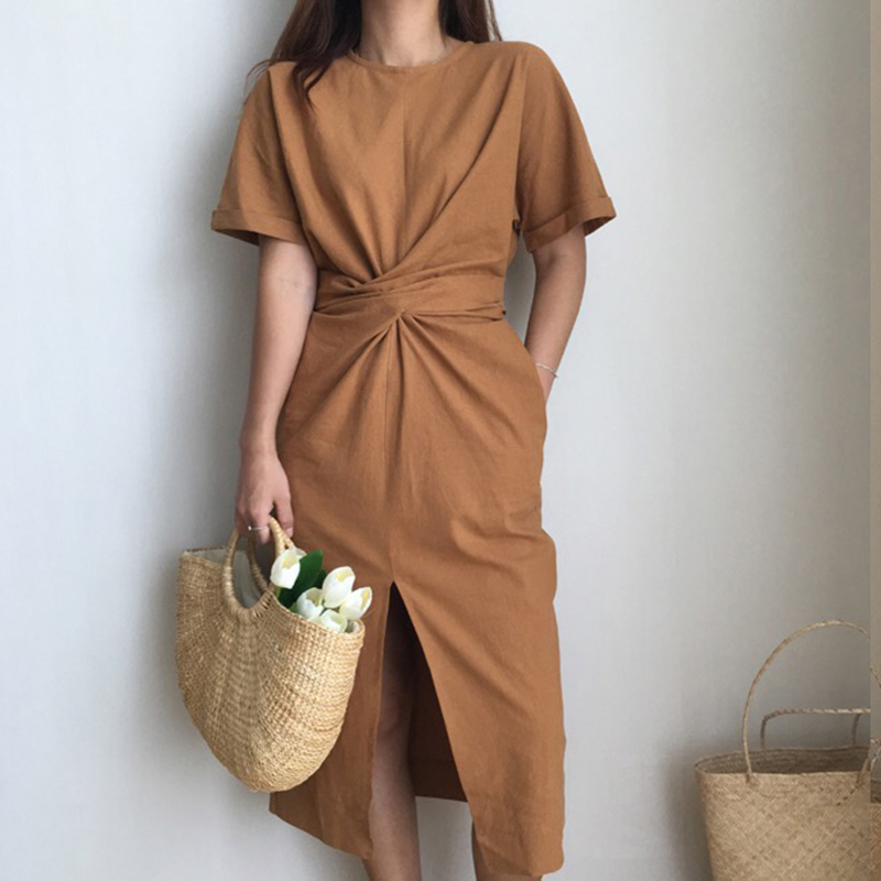 

2021 womens summer cotton bodycon vintage long dress female short sleeve bandage vestidos split plus size dresses, Green