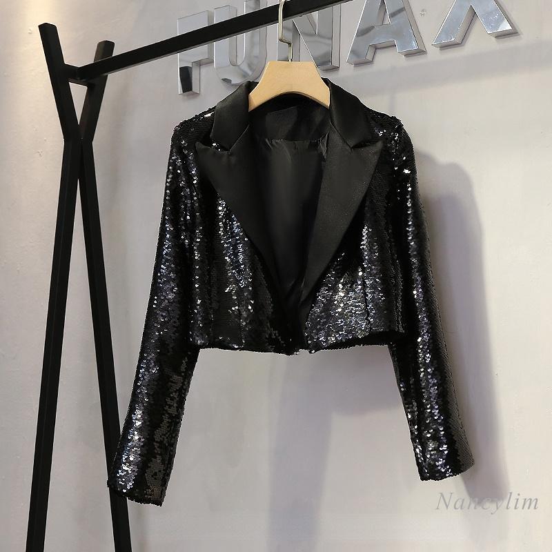 

Women' Suits & Blazers Glitter Sequined Blazer Woman Spring Autumn Fashion All-Matching Slimming Suit Jacket Lady Short Chic Top Black