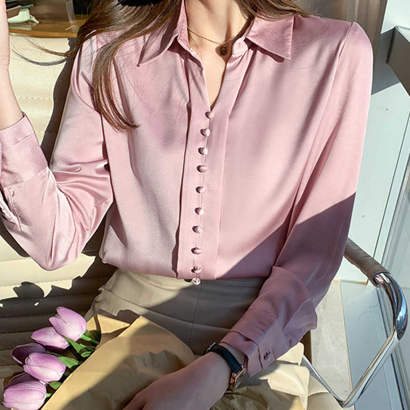 

Korean Women Shirts Silk Blouses for Satin Tops Woman Long Sleeve Blouse Plus Size Top XL 210604, Pink