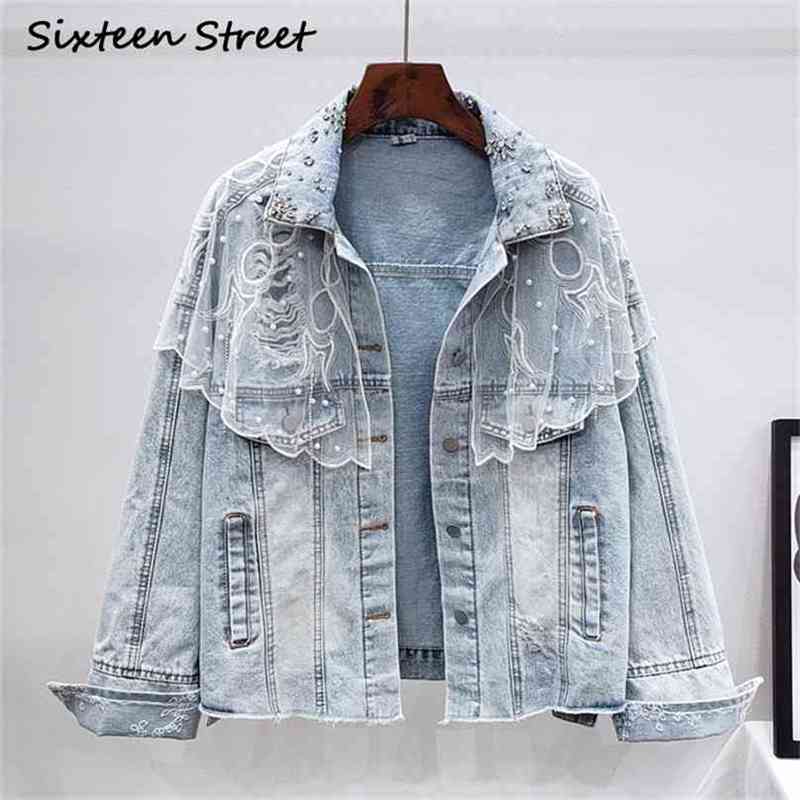 

Autumn Woman denim jacket diamond pearl embroidery casual fashion loose coat woman mesh patchwork vintage 210603, Light blue