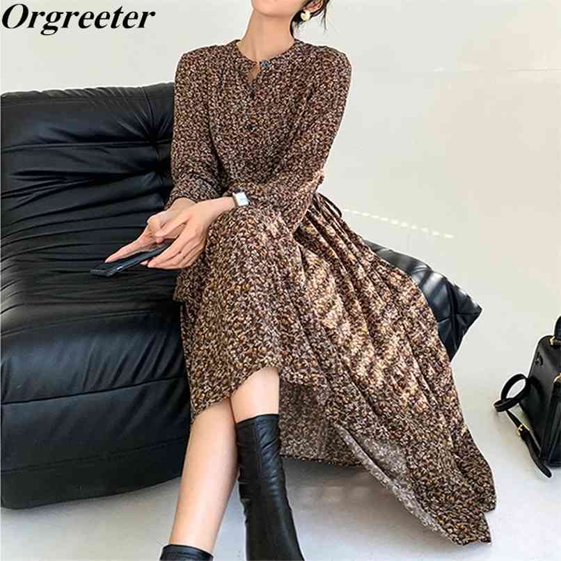 

Temperament Floral Printted Dress Women' O-neck Single-breasted Drawstring waist Retro Knee-length Chiffon Vestidos 210602, Black