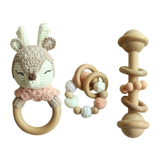 

INS Wood Crochet Deer Baby Teether Newborn Dummy Holder Pacifier Clips Teething Bracelets Cute Soother Chain Infants Rattle Teethers A7985