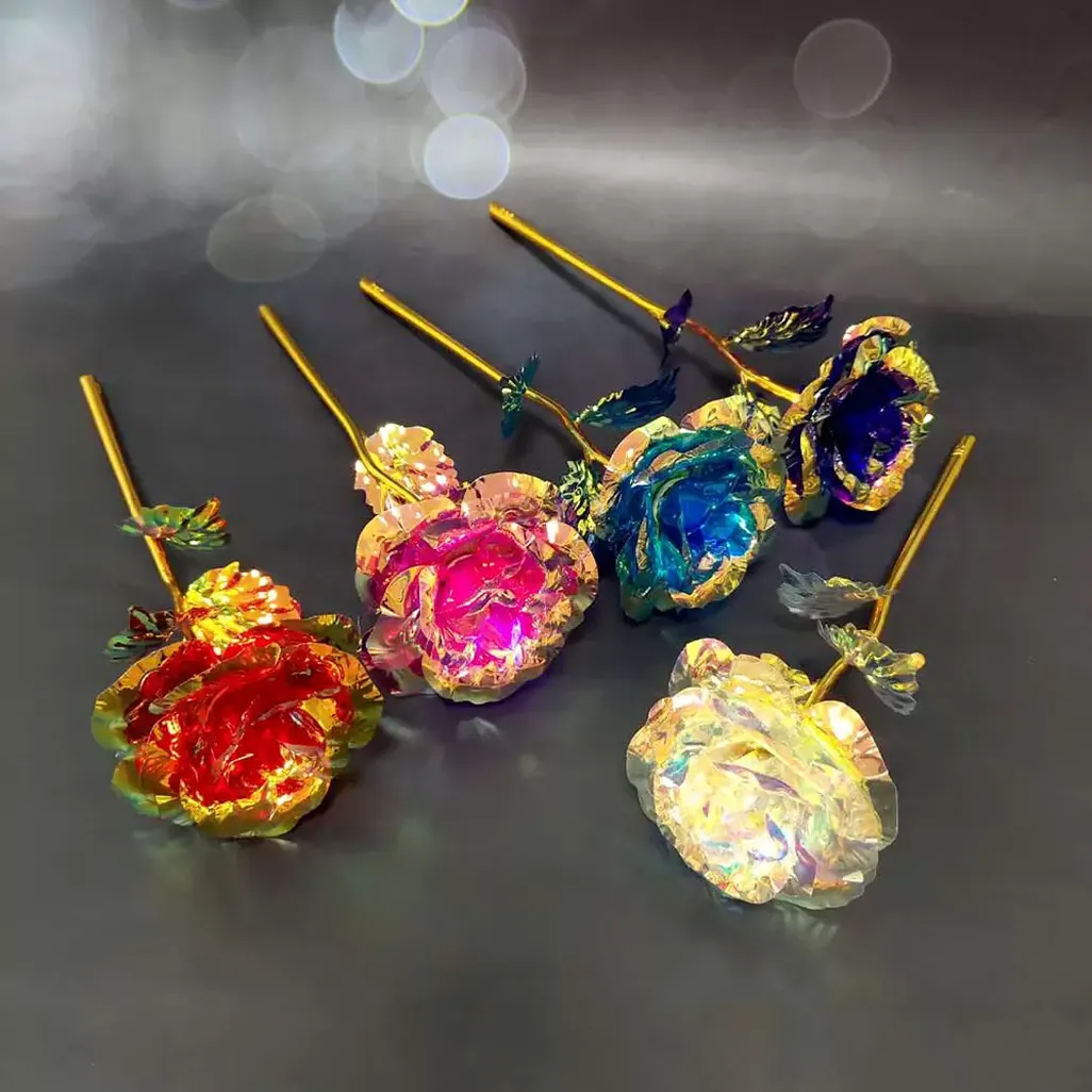 

Valentines Day Present Gifts 24K Gold Plated Foil Rose Flower Glossy Lighted Creative Birthday Gift Colorful Simulation Flowers CG001, Picture color