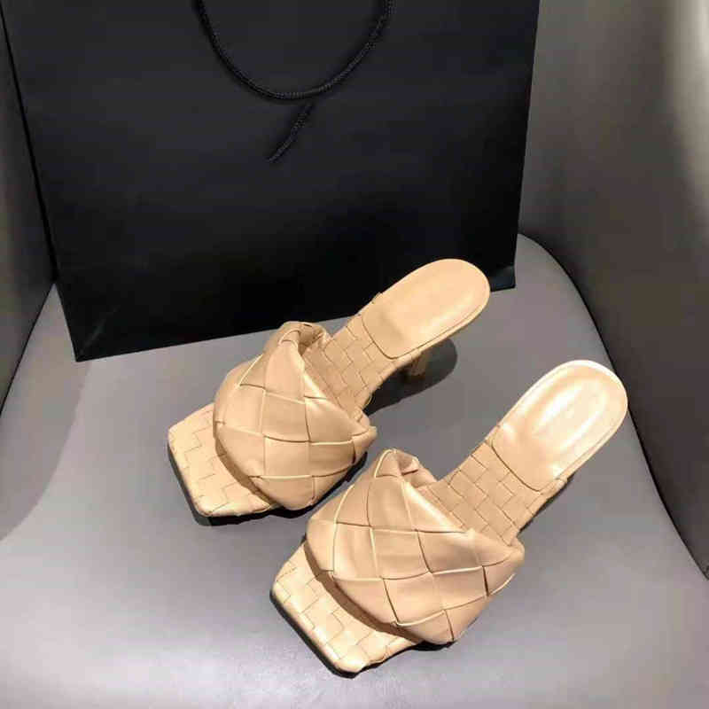 

slippers new woven fine plaid square toe stiletto heel fashion sandals azah, Black