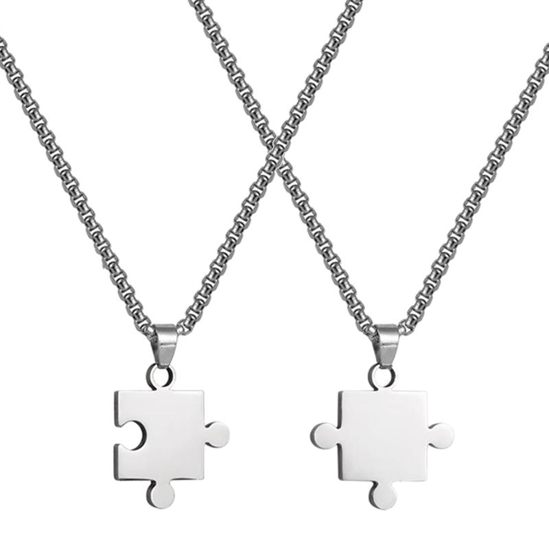 

Chains Bump Puzzle Piece Necklace Stainless Steel Matching Pendant Couple 70cm Long Chain Simple Fashion Valentine's Day Gift, Silver