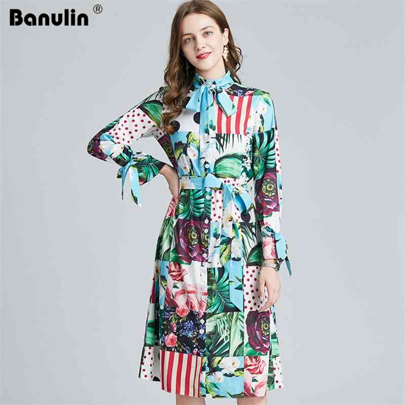 

Banulin Spring Runway Contrast Floral Shirt Dress Women Long Sleeve Bowknot Multicolor Print Sashes Holiday Midi Dresses 210603, Blue
