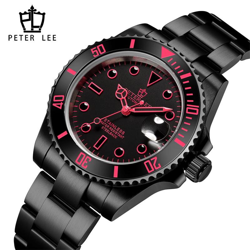 

Wristwatches PETER LEE 40MM Mens Watches Top Stainless Steel Ceramic Bezel Day Date Design Automatic Mechanical