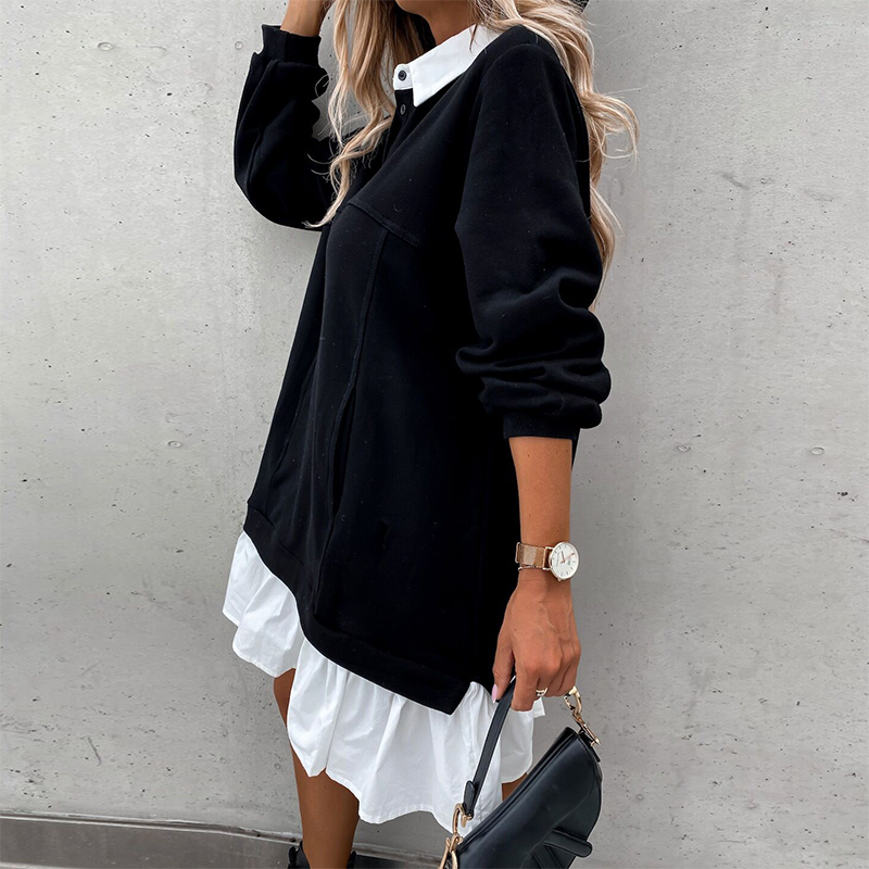 

2021women turn-down collar button mini dresses autumn fashion ruffle patchwork pocket dress casual long sleeve shirt dress vestidos, Black;gray