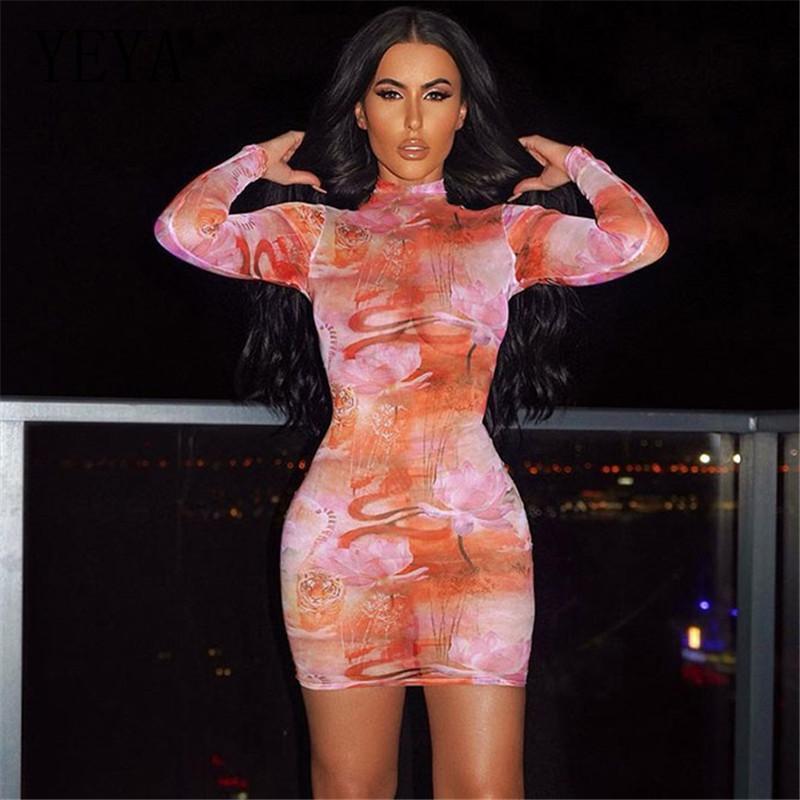 

Casual Dresses YEYA Mesh Fabric See Through Pattern Print Mini es Women ny Elastic Sexy Club Party Clothes Street Style, Orange