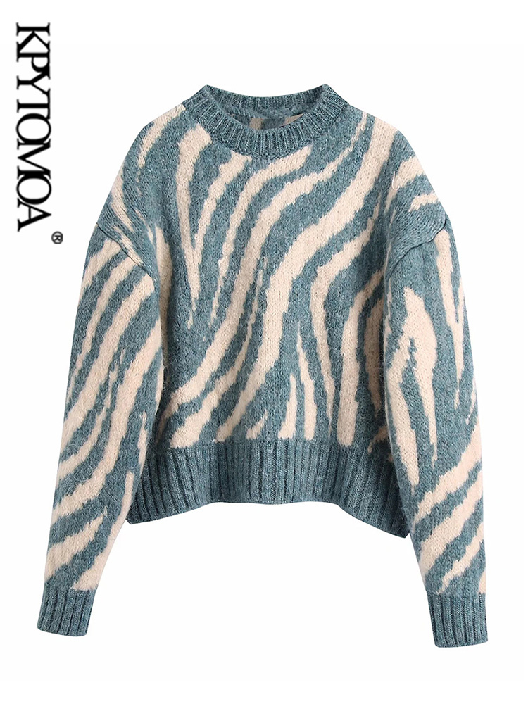 

KPYTOMOA Women 2021 Fashion Jacquard Animal Print Loose Crop Knit Sweater Vintage O Ne Long Sleeve Female Pullovers Chic Tops, Default color