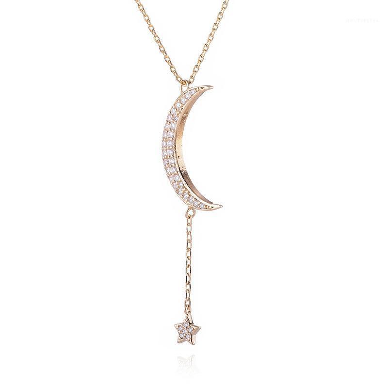 

European And American Copper Micro-inlaid Zircon Vibrato With The Same Star Moon Necklace Female Simple Temperament Moo Chains, Silver