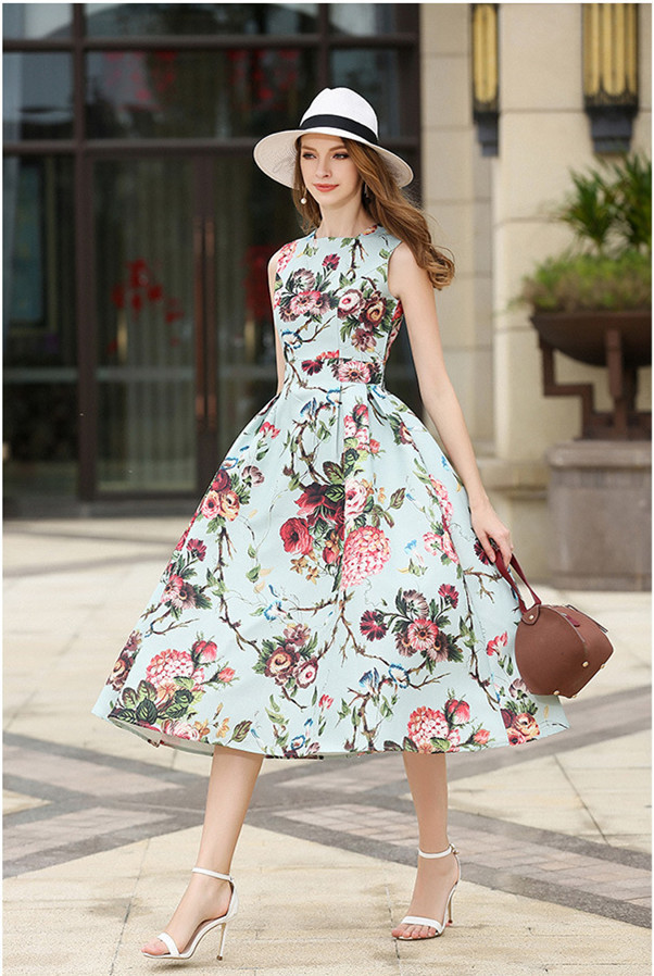 

Casual Dresses Breakout ed as a woman runways summer floral print sleeveless prom sweet ladies'party vest, Sky blue