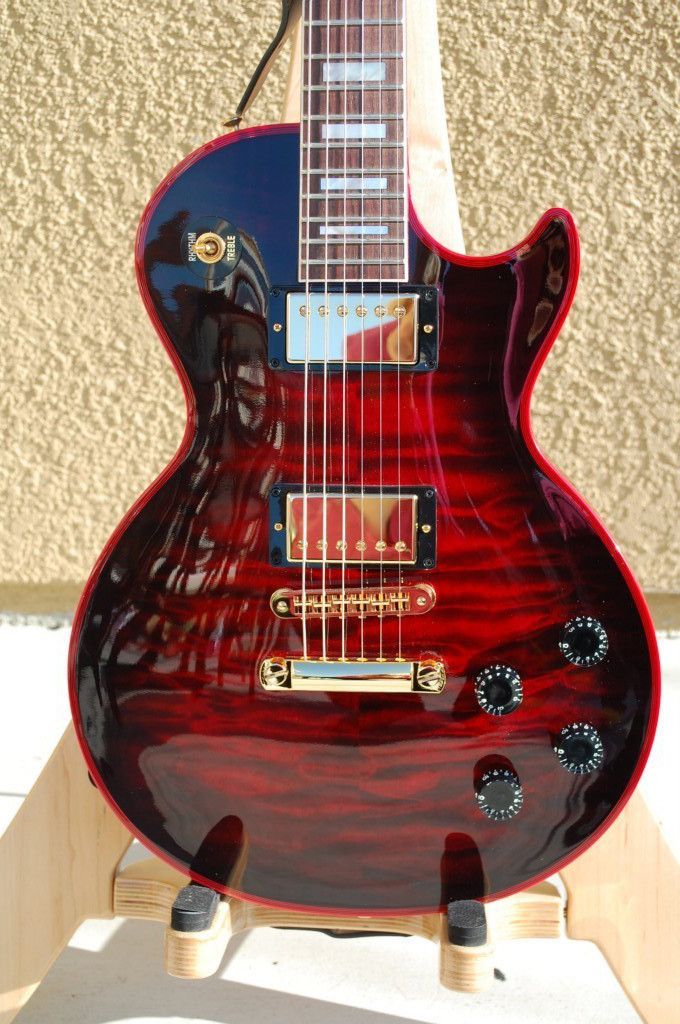 

Promotion! Quilted Maple Top Crimson Window Burst Electric Guitar Ebony Fingerboard, Red Binding & Inlay, Spider Serial Number, Black Hardware