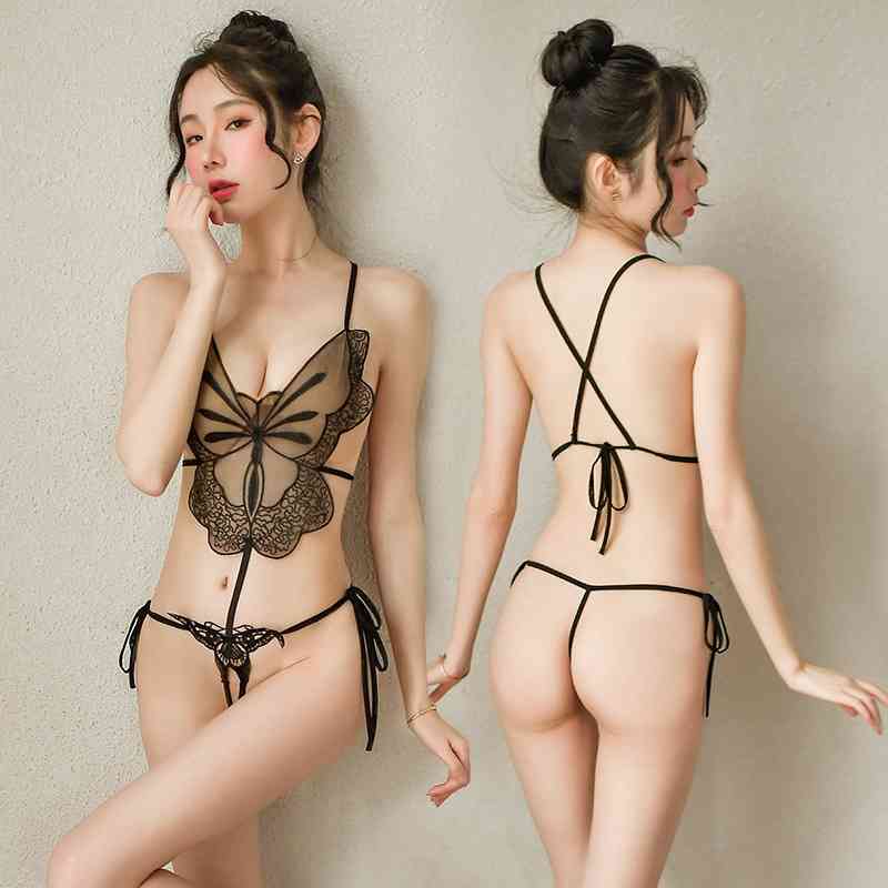 

Hot cat sexy transparent butterfly three point Bikini Bra underwear one piece set r343, Black;white