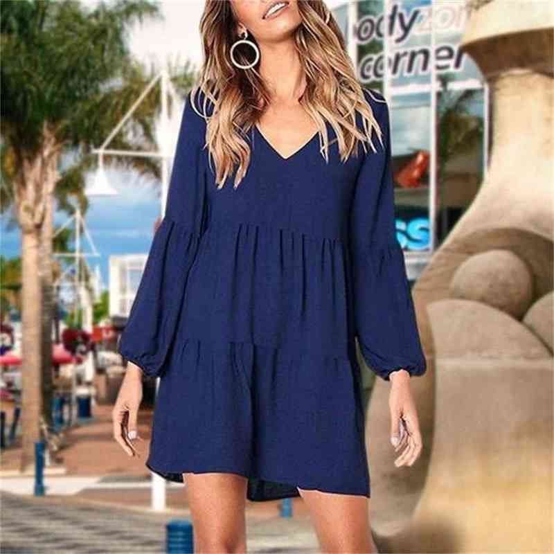 

Autumn and winter 2020 new women' wear solid color sexy V-Neck long sleeve dress, Blue