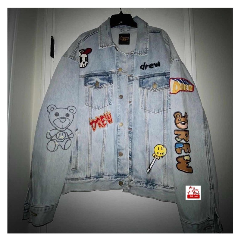 

Drawhouse drew house Justin Bieber multi element collage illustration denim jacket, White;black