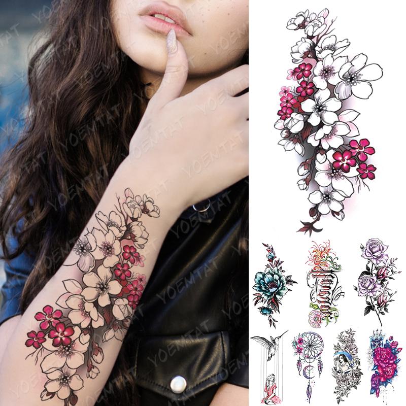 

Temporary Tattoos Waterproof Tattoo Sticker Sakura Plum Flowers Line Minimalism Body Art Arm Fake Sleeve Tatoo Women Men