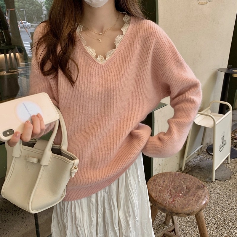 Swecheur court Les femmes portent un t-shirt de dentelle en V coréen lâche en V en dehors de l'automne hiver et une chemise à fond douce douce pa