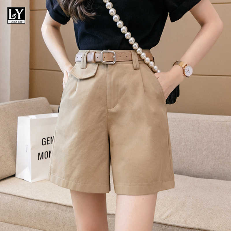 

LY VAREY LIN Summer Casual Women Straight Ladies Black Shorts with Belt Female Wide Leg Solid Color Loose Beige Midi 210526, Khaki