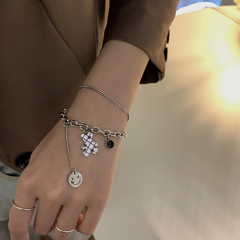 

Charm Bracelets LOVOACC Vintage Plaid Bear Smile Pendant Bracelet For Women Double Layers Chunky Cuban Chain Beads Accessories, Golden;silver