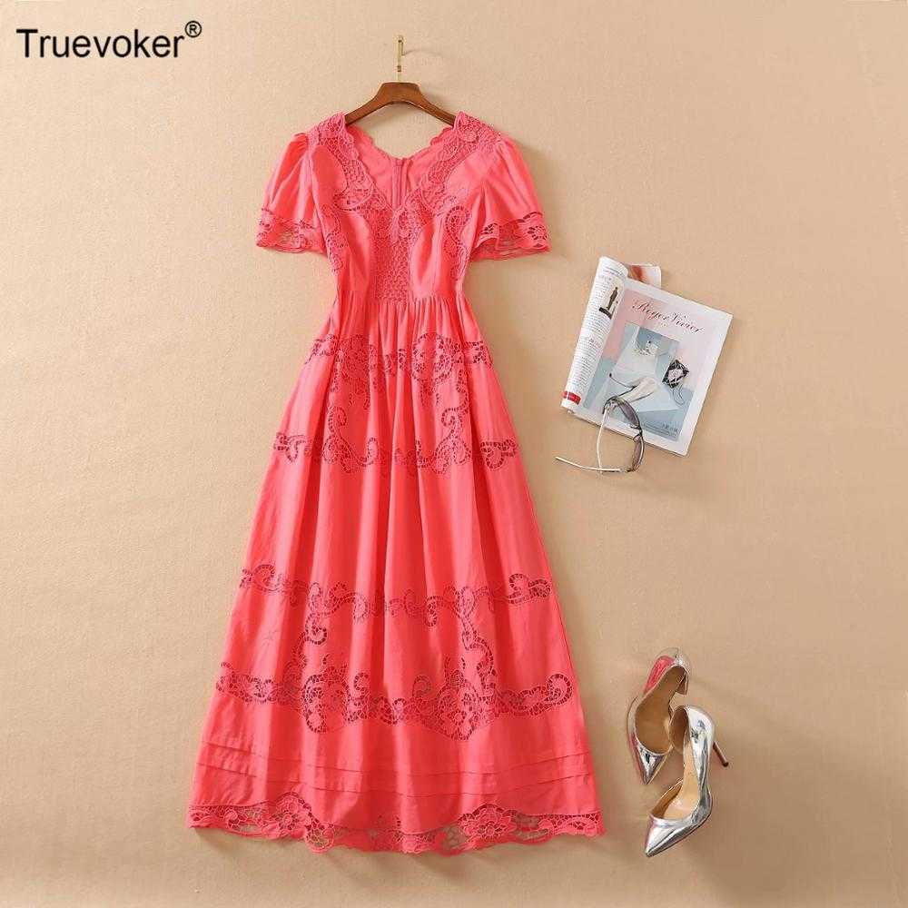 

Truevoker Summer Runway Fashion Dresses Lady Short Sleeve Embroidery Cutout Cotton Ankle Length Party Dress 210602, Red