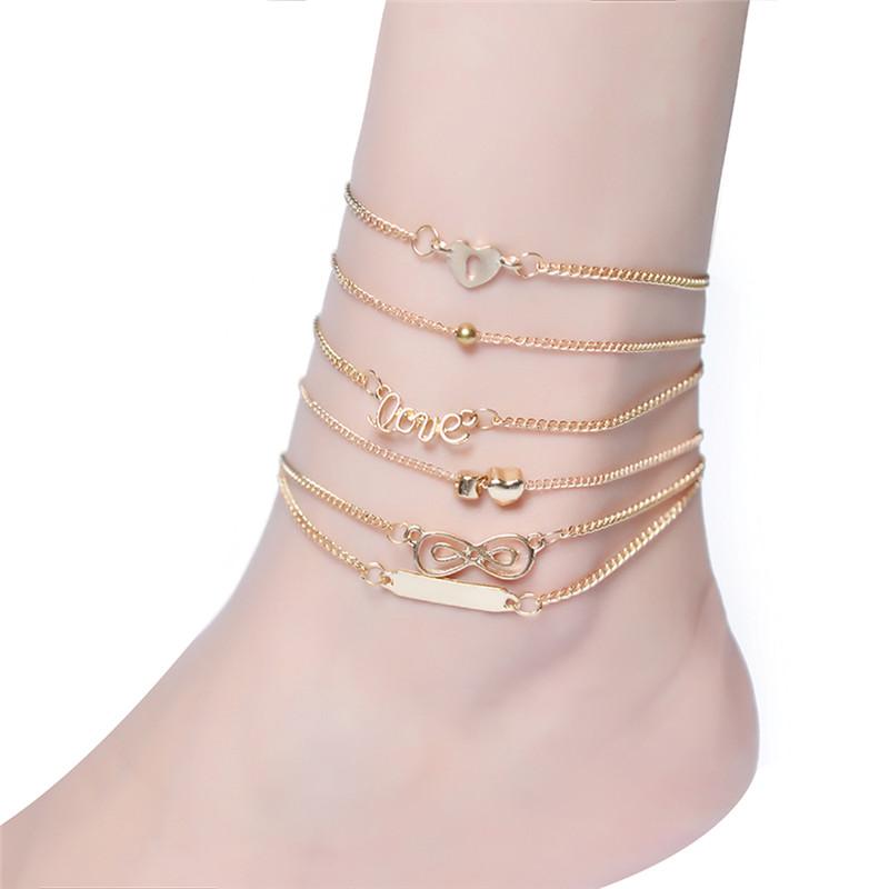 

Anklets 6PCS/Set Heart Infinity Sequins Set For Women Bohemian Anklet Bracelets Beach Foot Party Jewelry, Red;blue