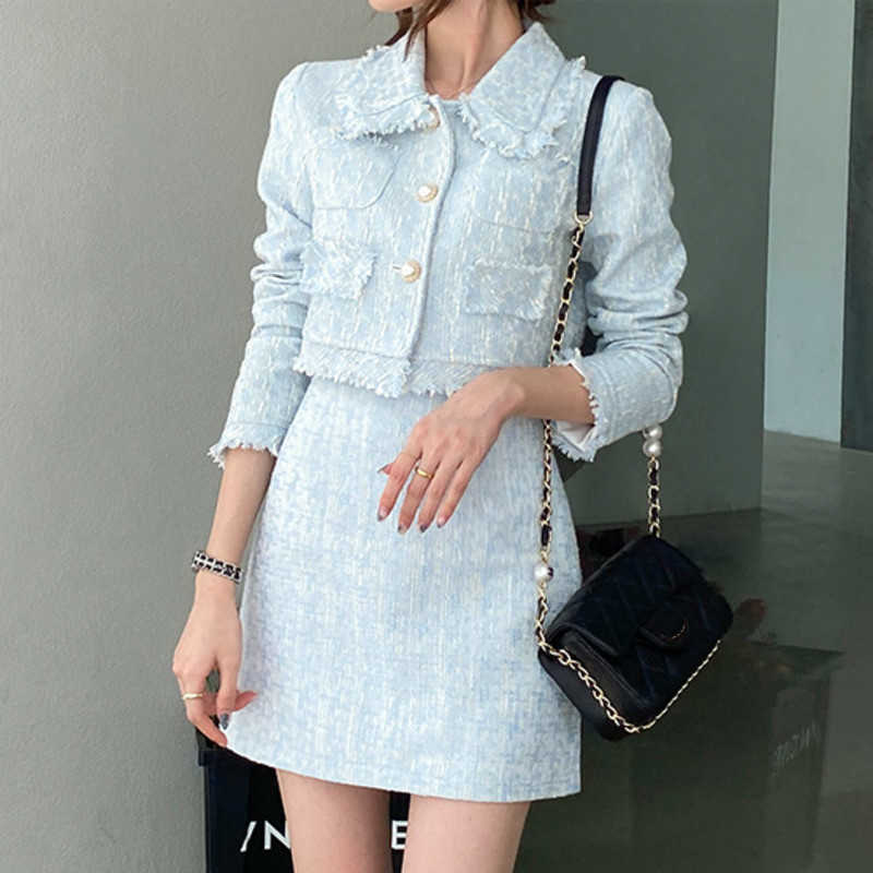 

High Quality Female Elegant Skirt Suits Autumn Tweed Two Piece Set Women Outfits Crop Top Mini Skirt Set Vetement Femme 210708, Pink