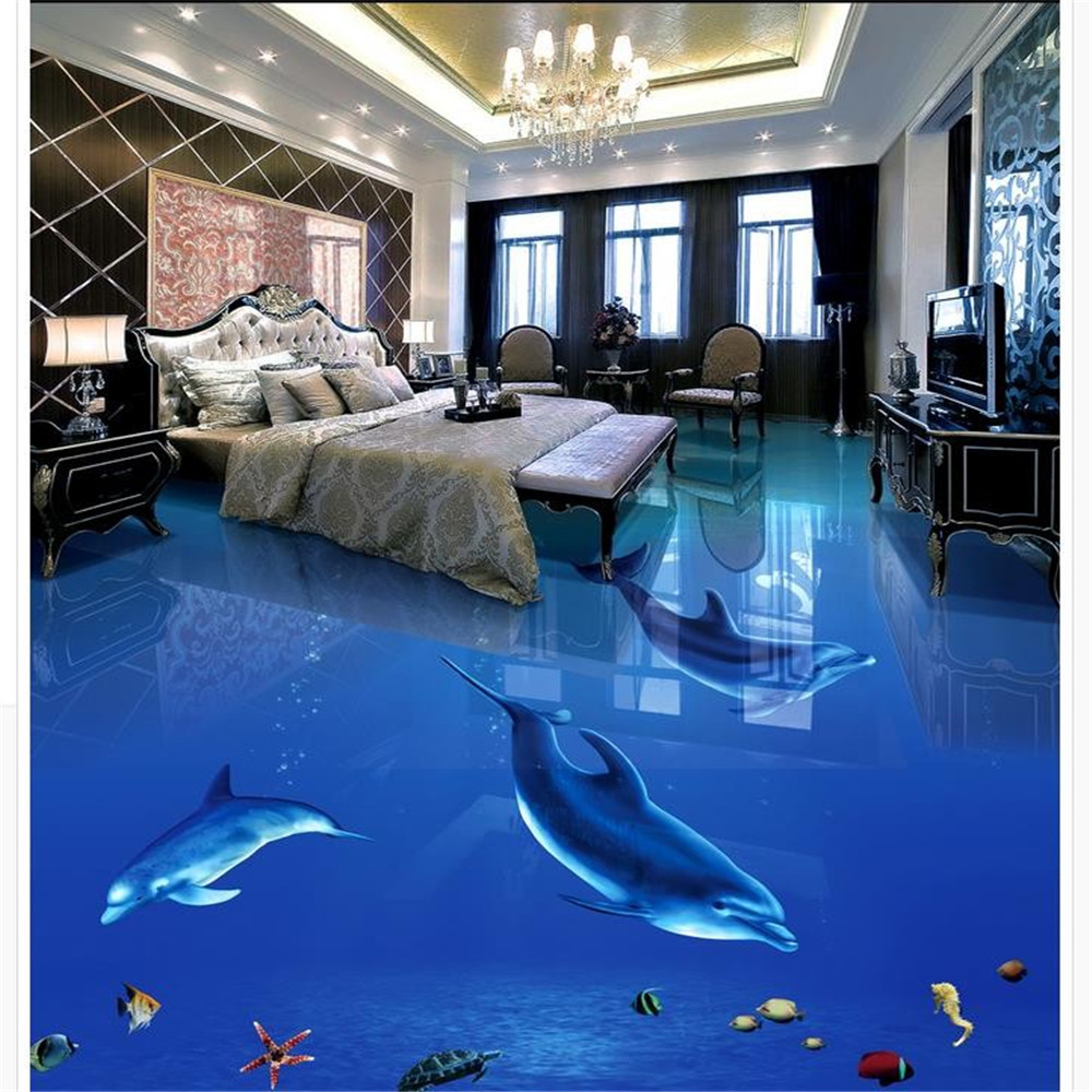 Floor wallpaper 3d for bathrooms PVC waterproof floor Custom Photo self-adhesive 3D floor dolphin 3d wallpapers-image-722386843