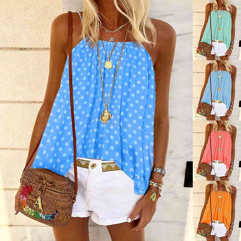 

Boho Fashion Women Summer Blouse Loose Sleeveless Casual Tank T-Shirt Tops Vest Bohemian Print Dot Backless Top 210603, Light blue