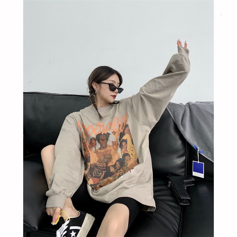 

women's t-shirt printed portrait autumn casual fashion shirt long graphtic sleeve plus size korean style hip-hop loose lvsr, White
