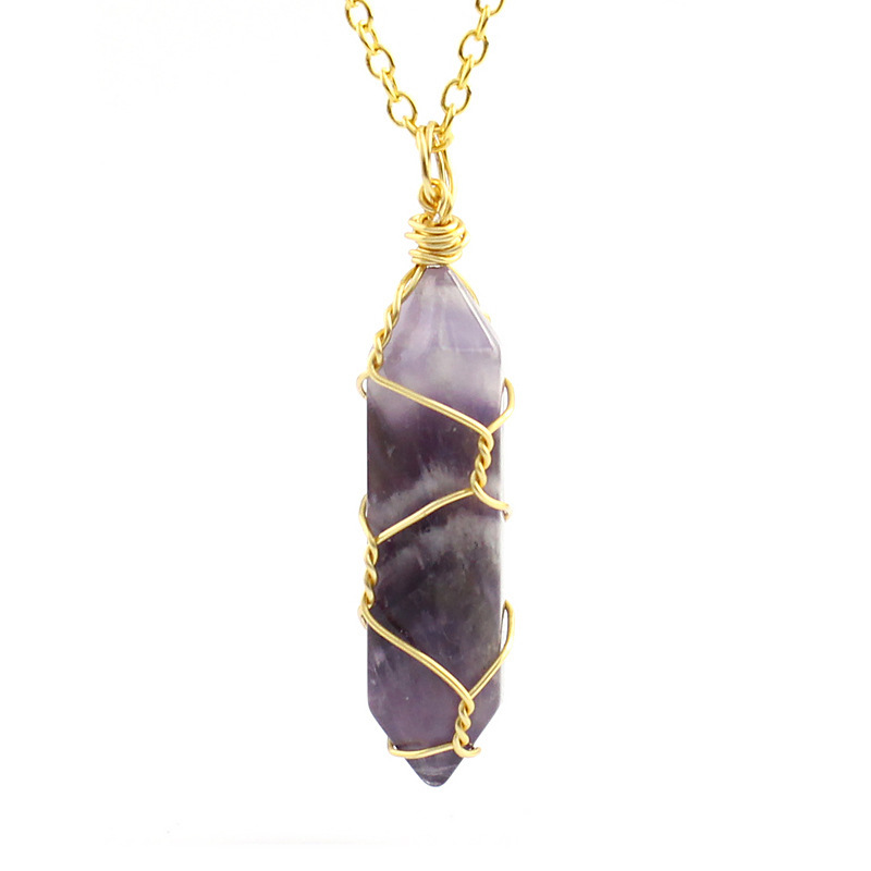 

Natural Stone Bullet Amethyst Turquoise Crystal Quartz Hexagonal Pendant Necklace For Women