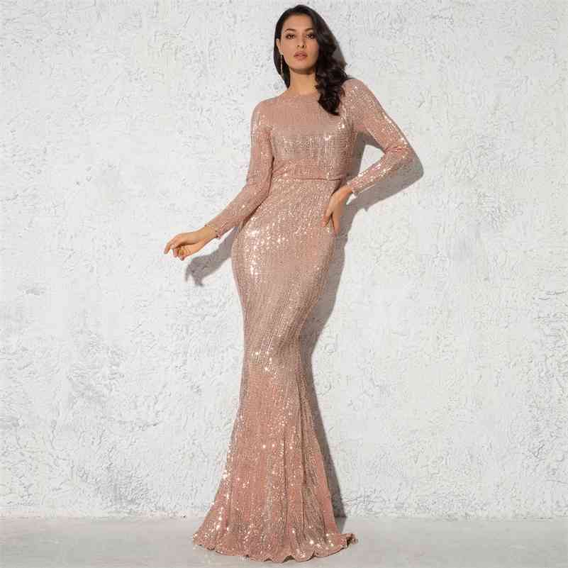 

Elegant O Neck Long Sleeve Sequin Maxi Dress Floor Length Stretchy Bodycon Party Dress Gold Green Burgundy Black 210630, Red