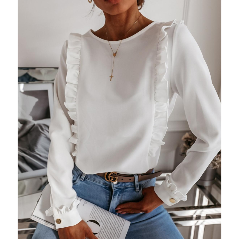 

Women Autumn Long Sleeve Ruffle White Blouses Casual O Neck Blouse Lady Office Shirt Fashion Single Breasted OL Tops