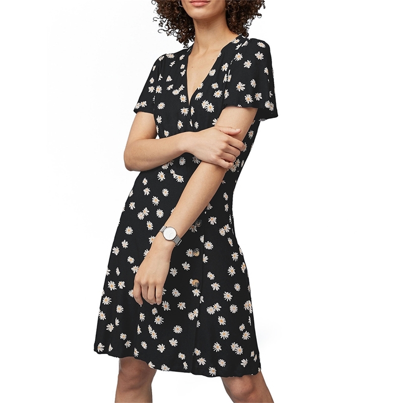 Casual Dresses Small Daisy Printed Short Sleeve v Neck Girl Slim Robe 2021 Summer Mini Sexy Fashion Vintage 6FX5-image-704904649