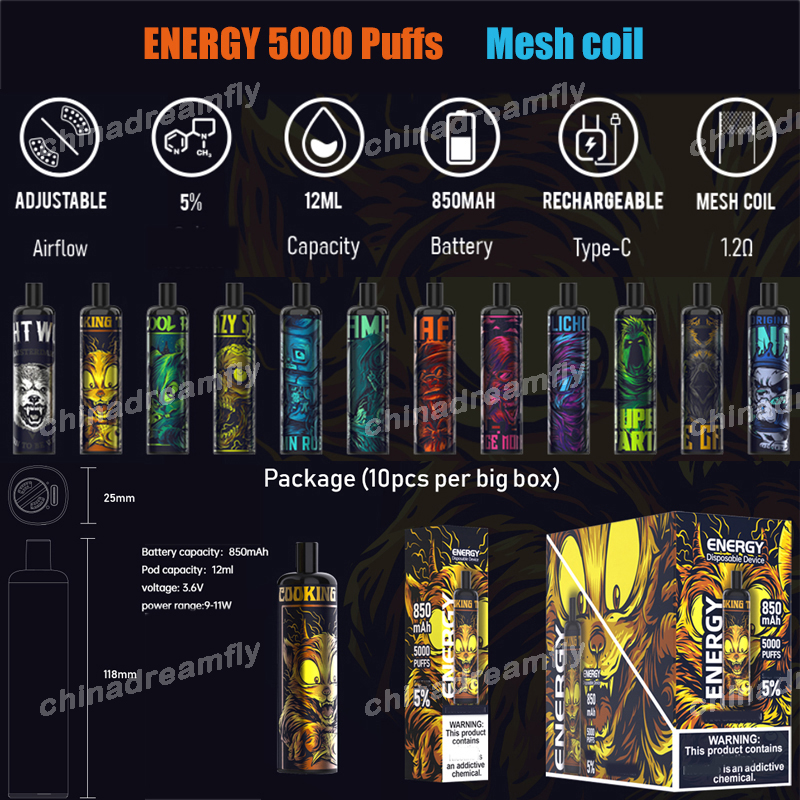 

Original ENERGY 5000 puffs Disposable Vape E Cigarette Mesh Coil Pre-filled 12ml Pods Device Rechargeable 850mah battery VS air bar max bang xxl duo