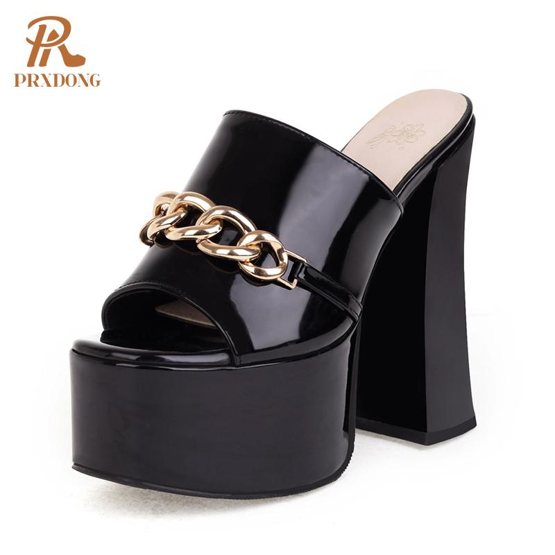 

Dress Shoes 2021 Fashion Patent Leather Sandals For Women Brand Thick High Heel Party Night Club Sexy Platform 43, Black