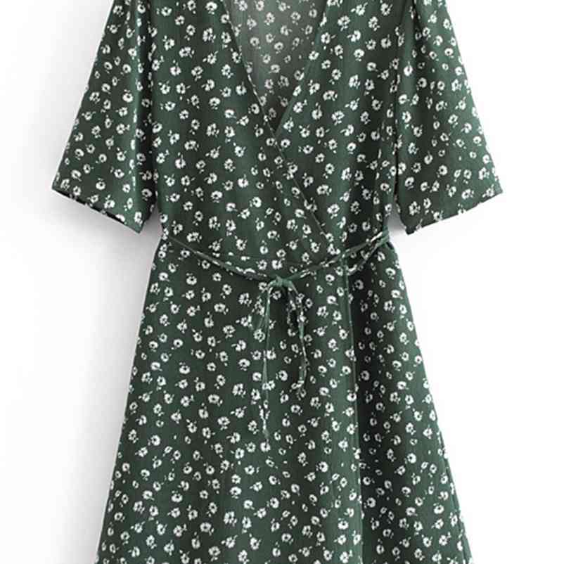 

Green Floral Print Summer Chiffon Dress Fashion Short Sleeve Deep V-Neck Mini Streetwear Casual 210524, As the photo