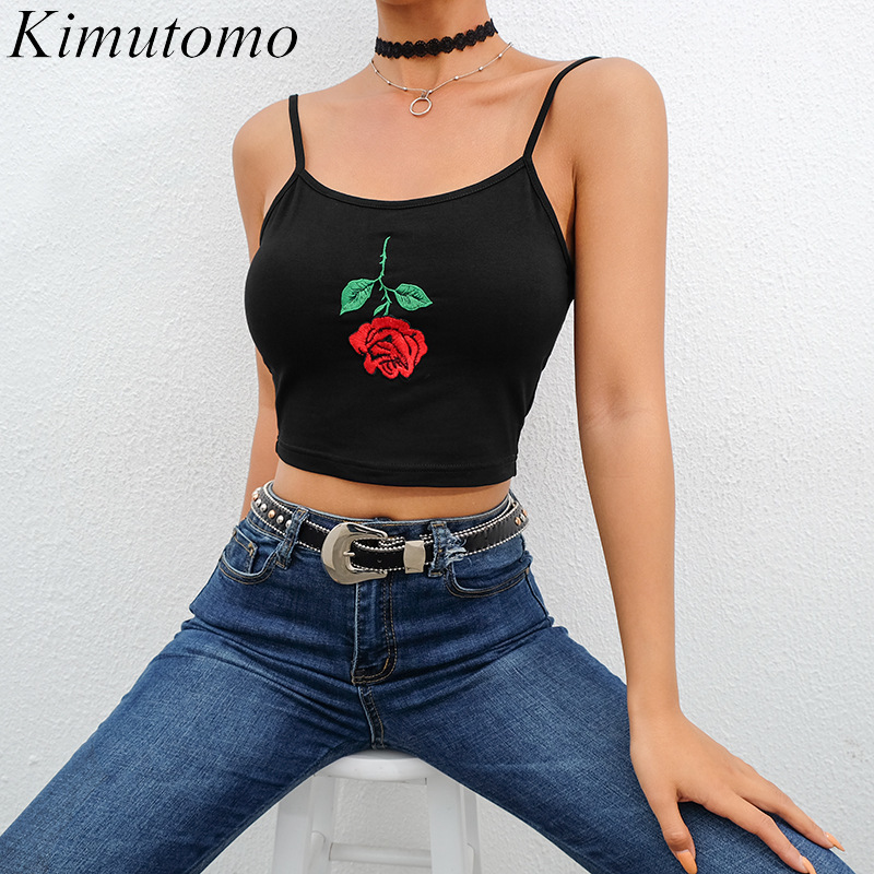 

kimutomo casual rose Embroidery camis women chic fashion ladies expose navel black short tops outwear summer 210521