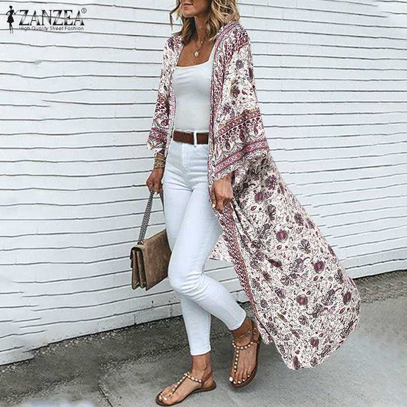 

Bohemian Open Front Holiday BlouseZANZEA Women Floral Printed Party Kimono Summer Long Cardigan Retro Beach Coverups Shirt Robe X0726, White