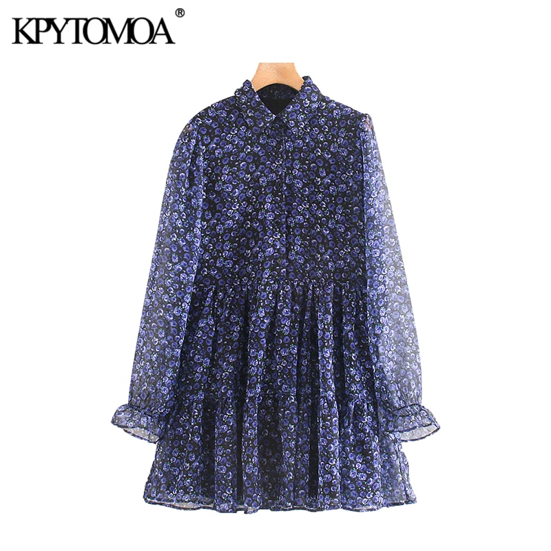 

2021vintage elegant floral print pleated mini dress women 2021 fashion lapel collar see through sleeve female dresses vestidos mujer, Black;gray