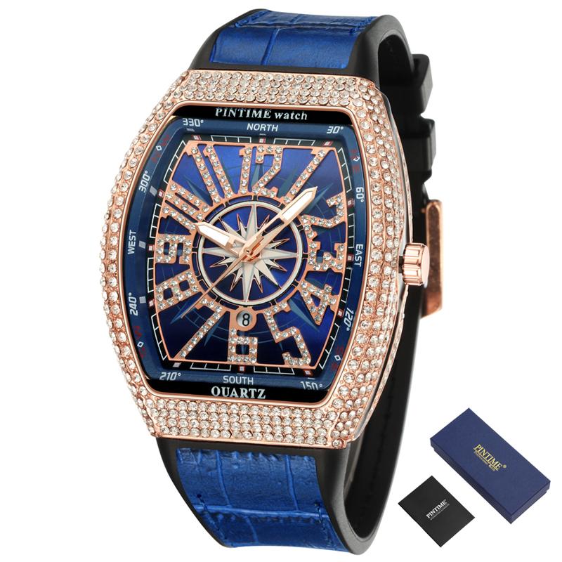 

Wristwatches Hip Hop Diamond Watch Men Iced Out Gold Luxury Male Clock Waterproof Sport Military Mens Watches Relogio Masculino Montre Homme, Silver red