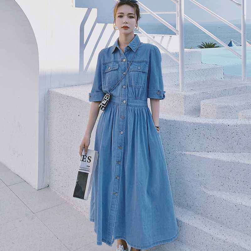 

Korean Women Slim Denim Dress Fashion Short Sleeve Turn-Down Collar Single Breasted Elastic Waist Casual Long Female 210526, Photo color