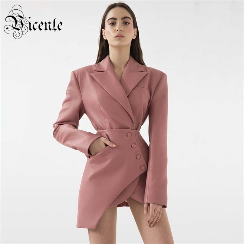 

Chic Pink Two Pieces Suit Button Design Long Sleeves Celebrity Party Club PU Blazer Skirt Set 210520