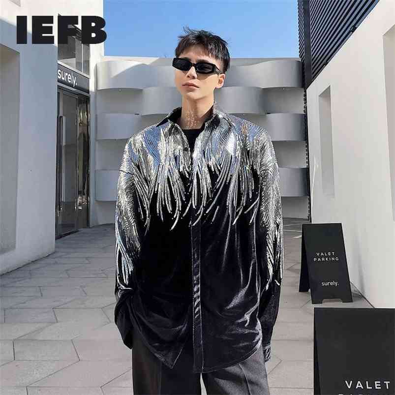

IEFB Embroidery Sequin Velvet Fashionable Temperament Men's Long Sleeve Shirts Lapel Personal Design Oversized Tops 9Y6658 210721, Black