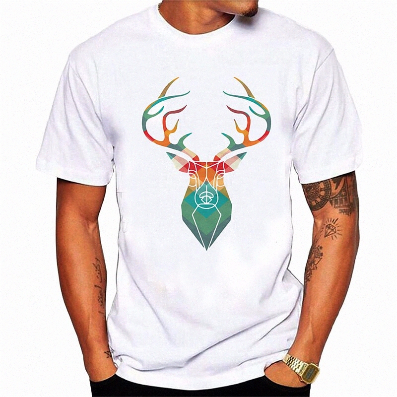 T-shirt unisexe pour hommes Étampage chaud ELK Animal Plus Taille Cou rond Daily Impression quotidienne Tops à manches courtes Basic Casual Blanc