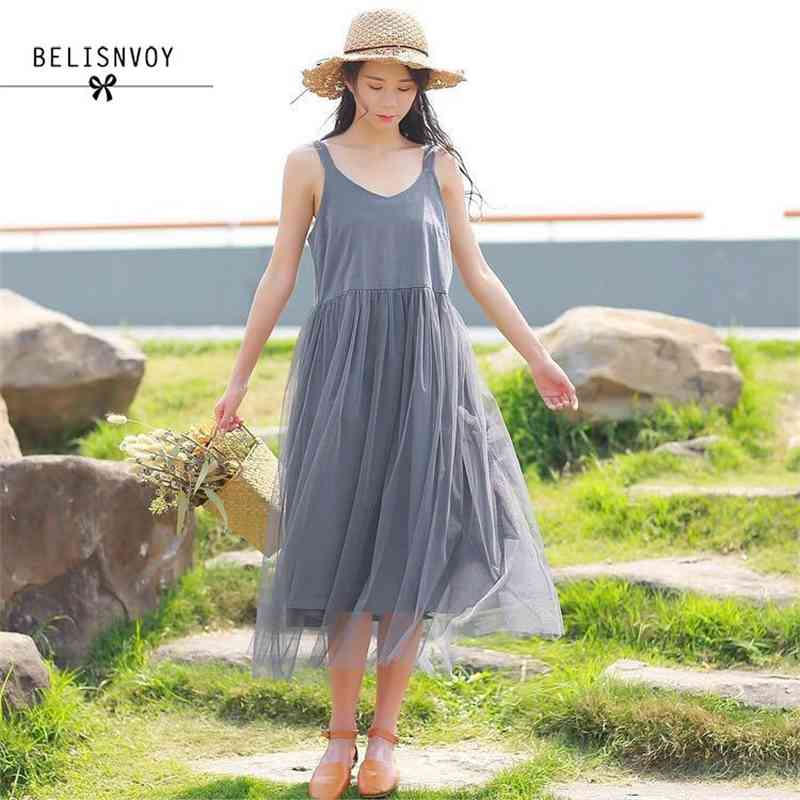 

Spaghetti Strap Mesh Dress Fashion Women Sleeveless V-Neck Splicing Summer Dresses Mori Girl Gray Vestidos 210520